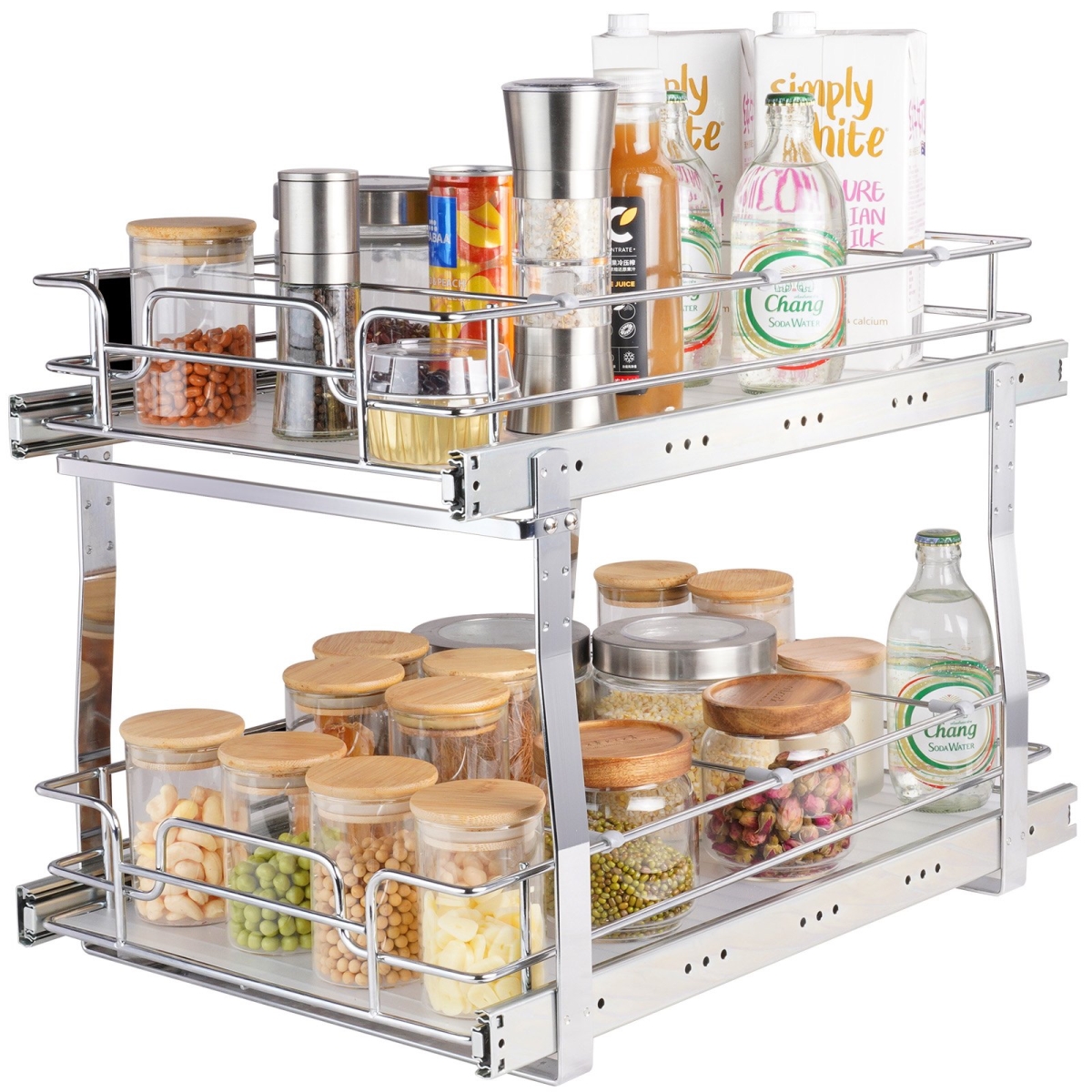 Picture of Vevor HGS214W21D15H80OCV0 14 x 21 in. 2 Tier Pull Out Cabinet Organizer - Heavy Duty Slide Out Pantry Shelves Sliding Drawer Storage for Inside Kitchen Cabinet - Bathroom & Under Sink&#44; Silver
