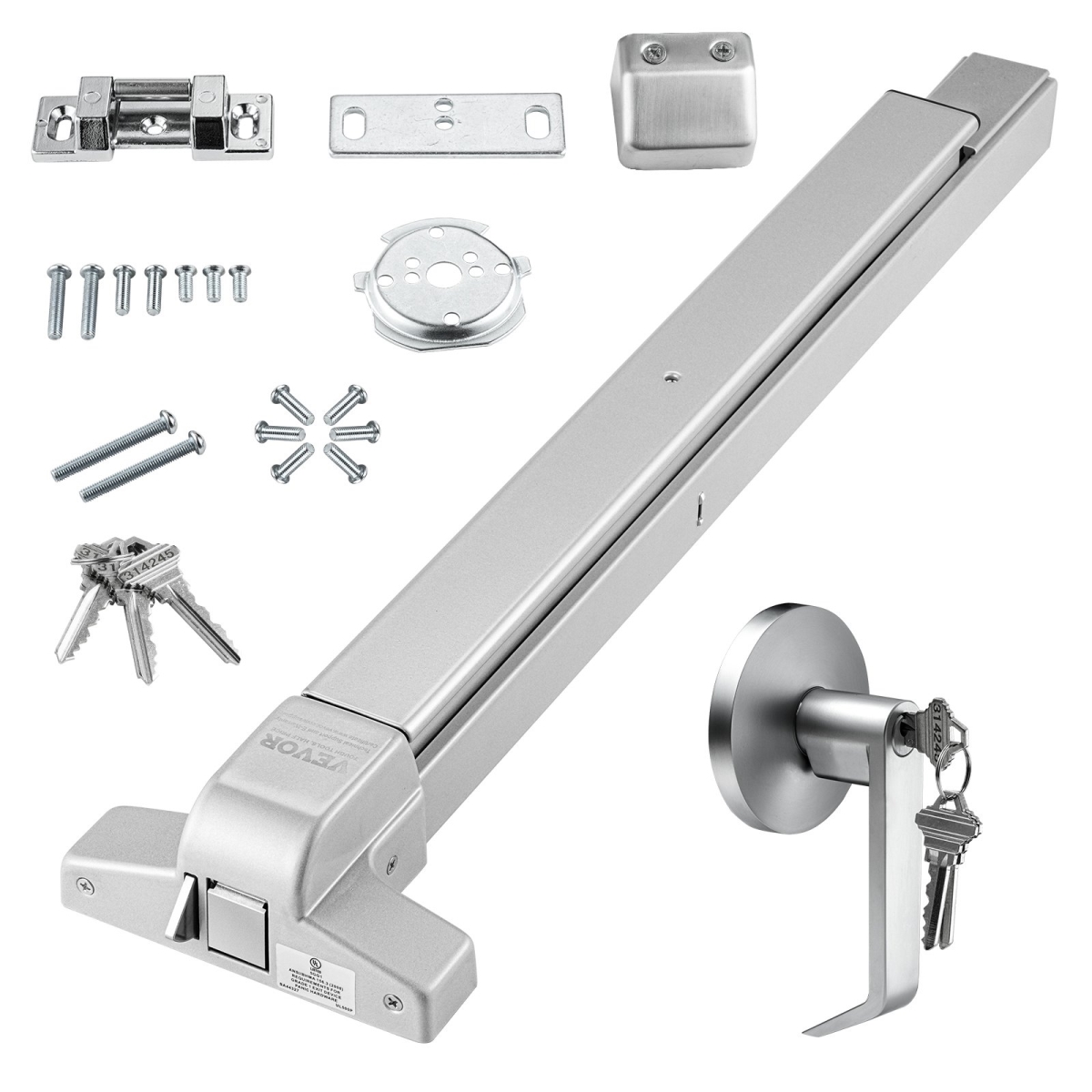 Push Bar Door Locks, Carbon Steel Panic Bars for Exit Doors, with Exterior Lever & 3 Keys, Push Bar Panic Exit Device Door Hardware