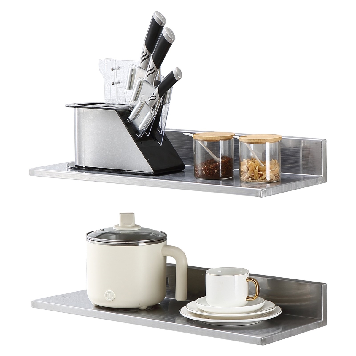 8.6 x 24 in. Stainless Steel Shelf Wall Mounted Floating Shelving with Brackets Pantry Organizers, Silver - Pack of 2