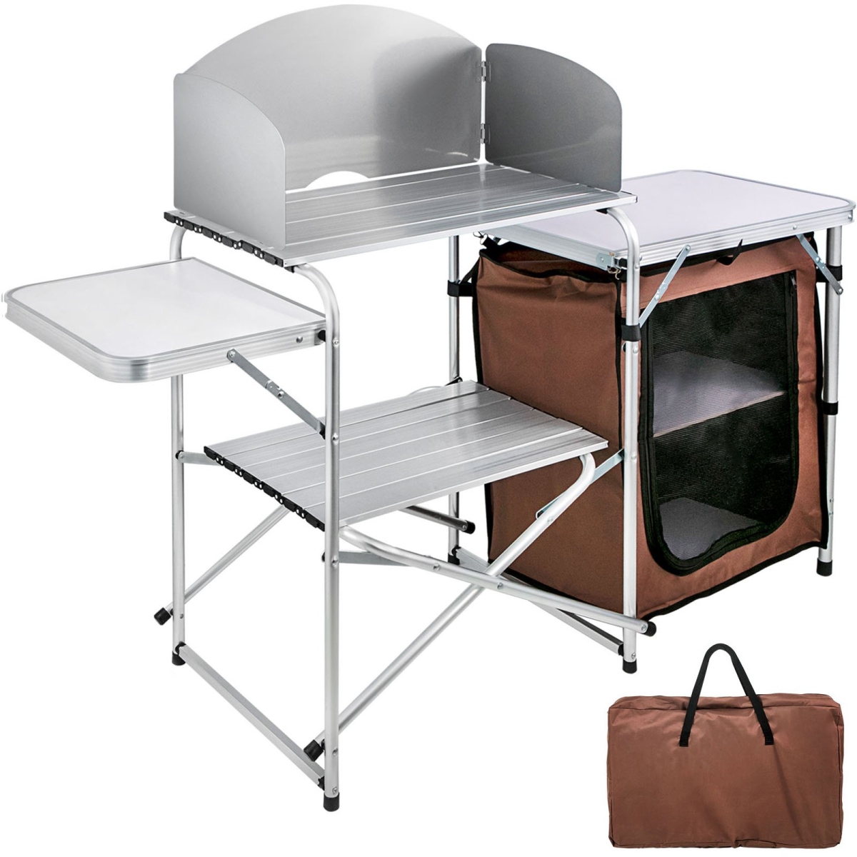 Camping Kitchen Table Picnic Cabinet Folding Cooking Storage Rack Portable, Brown