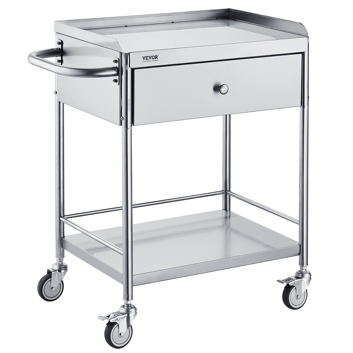 SYSSTCSB20124D3E4V0 2-Tier Medical Trolley Steel Cart Mobile Lab Utility Cart with a Drawer - 220 lbs -  Vevor