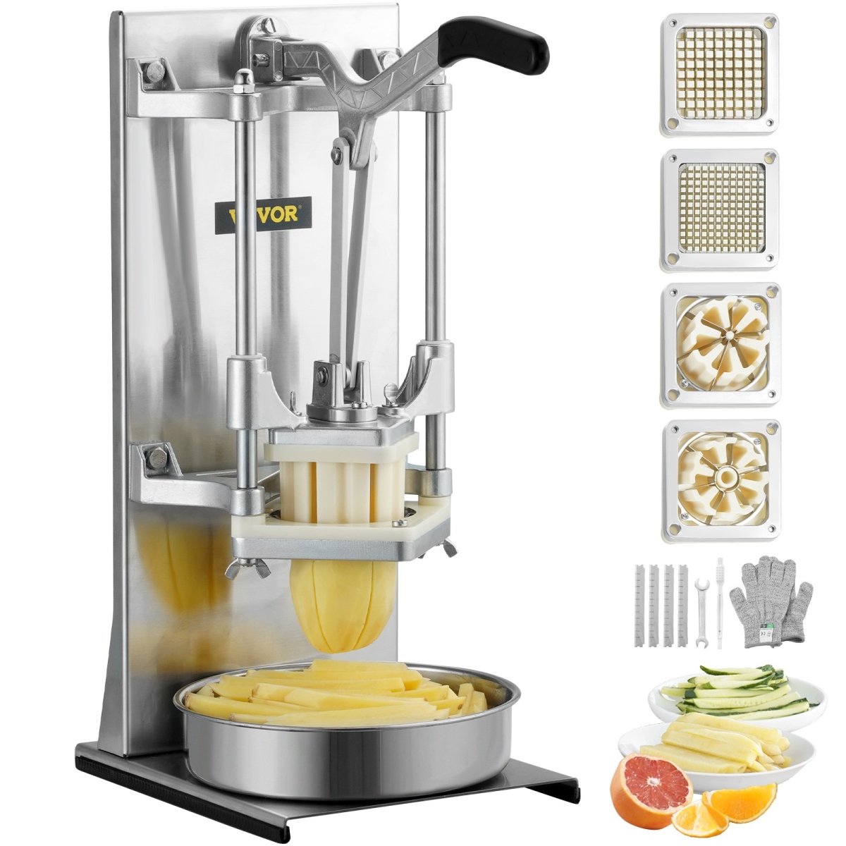 Picture of Vevor GGSSDQTJJBBQXJAKLV0 Commercial French Fry Cutter with 4-Replacement Blades, 0.25 in. & 0.375 in. Blade Easy Dicer Chopper, Silver