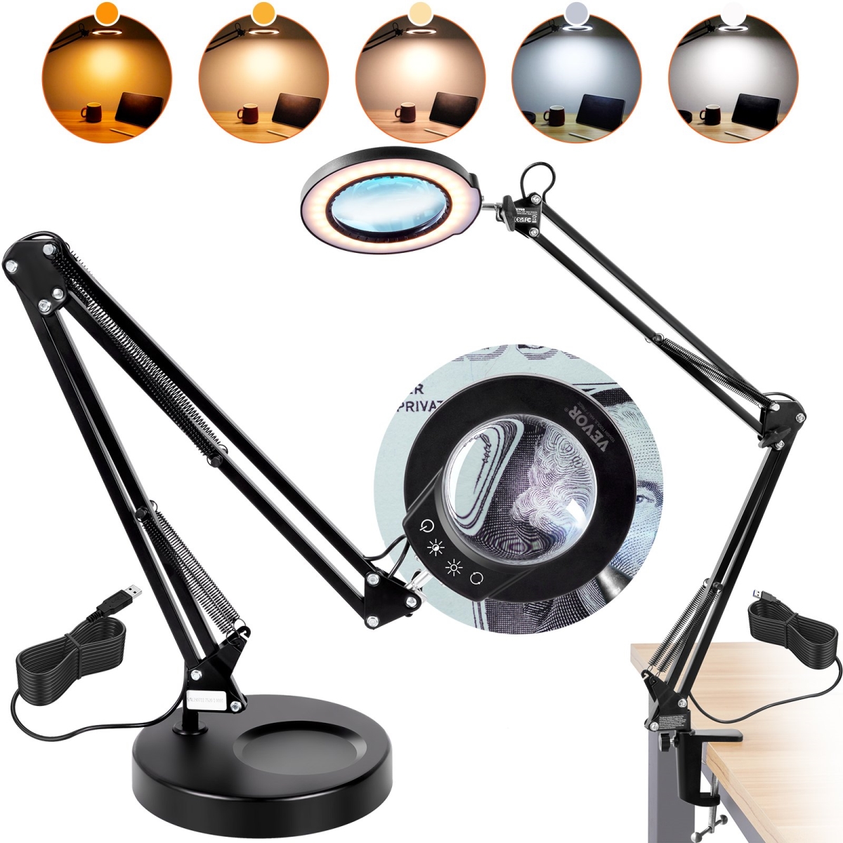 Picture of Vevor YGFDDYDZBCMAJI42JV9 Magnifying Glass with Light & Stand&#44; 5X Magnifying Lamp&#44; 4.3 in. Glass Lens&#44; Base & Clamp 2-in-1 Desk Magnifier with Light 64 LED Lights 5 Color Modes