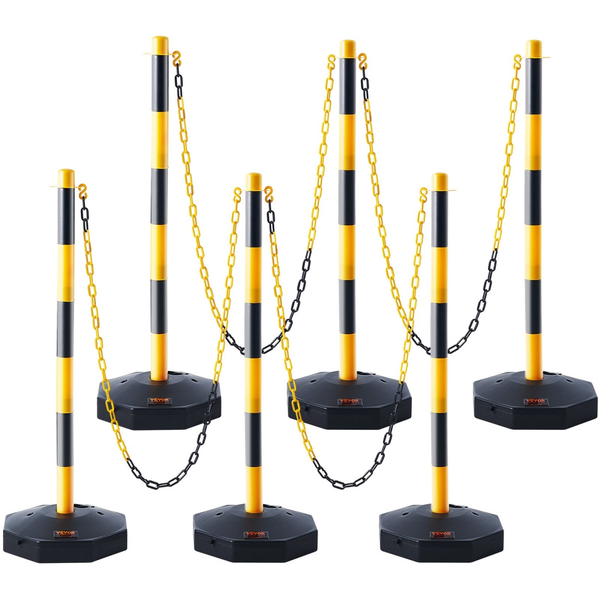 Adjustable Traffic Delineator Post Cones, Traffic Safety Delineator Barrier with Fillable Base 8 ft. Chain, Yellow & Black - Pack of 6
