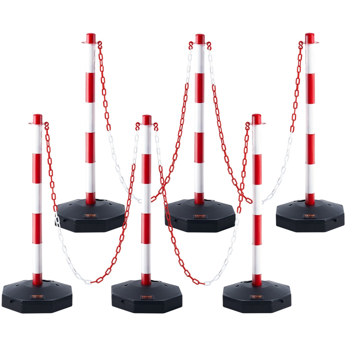 Adjustable Traffic Delineator Post Cones, Traffic Safety Delineator Barrier with Fillable Base 6.6 ft. Chain, Red & White - Pack of 6