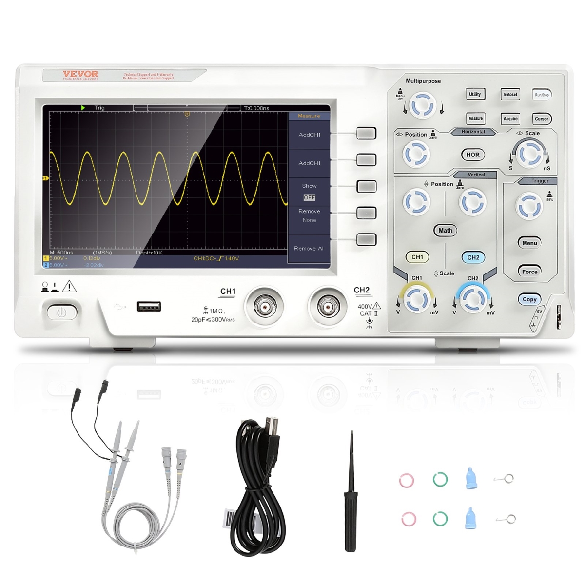 Picture of Vevor SBQCG2000000UKGGLV1 Digital Oscilloscope&#44; 1GS-S Sampling Rate&#44; 100MHZ Bandwidth 2 Channels Portable Oscilloscope with 7 in. Color Screen&#44; 30 Automatic Measurement Functions