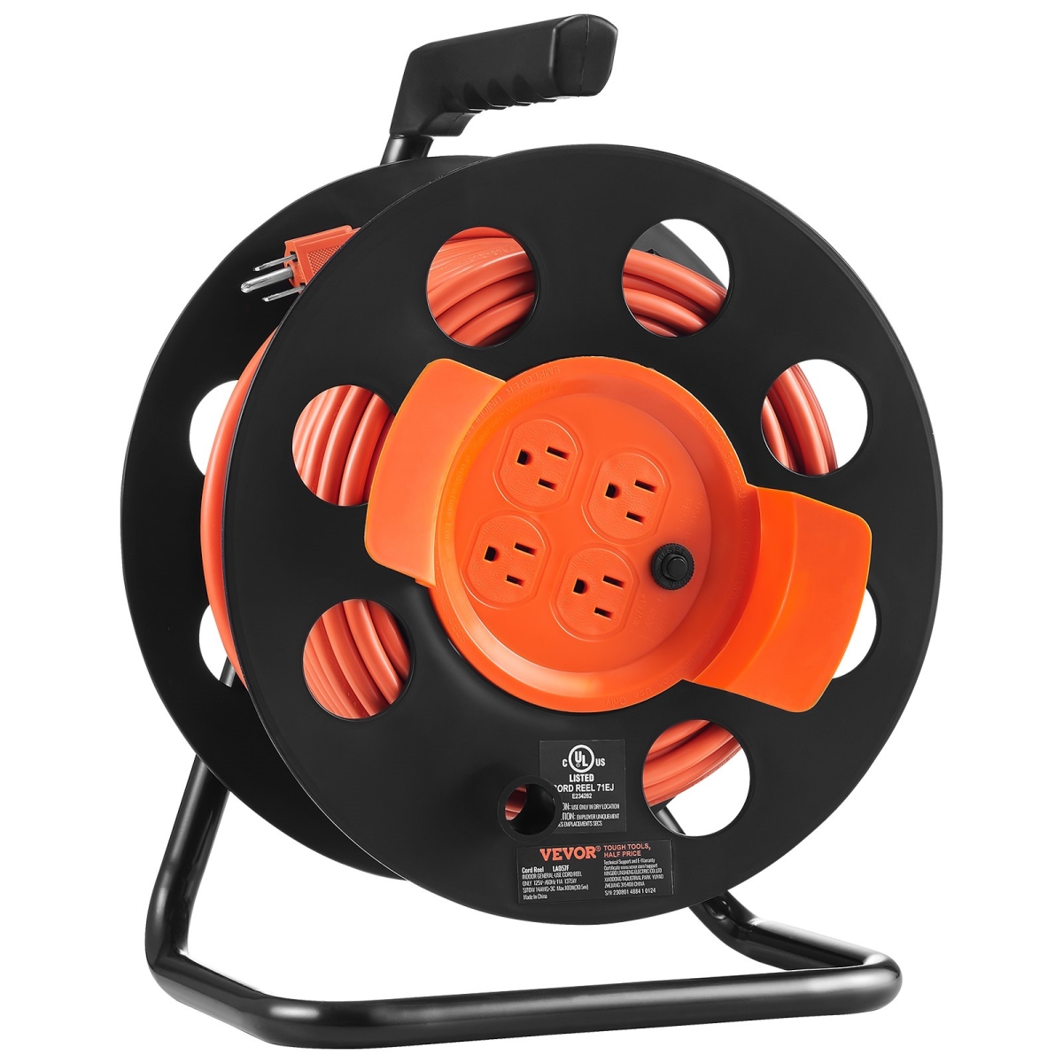 Picture of Vevor SDKJXQ100FT1OY0IGV1 100 ft. Extension Cord Reel with 4 Outlets & Dust Cover&#44; Heavy Duty 14AWG SJTOW Power Cord&#44; Manual Cord Reel with Portable Handle Circuit Breaker