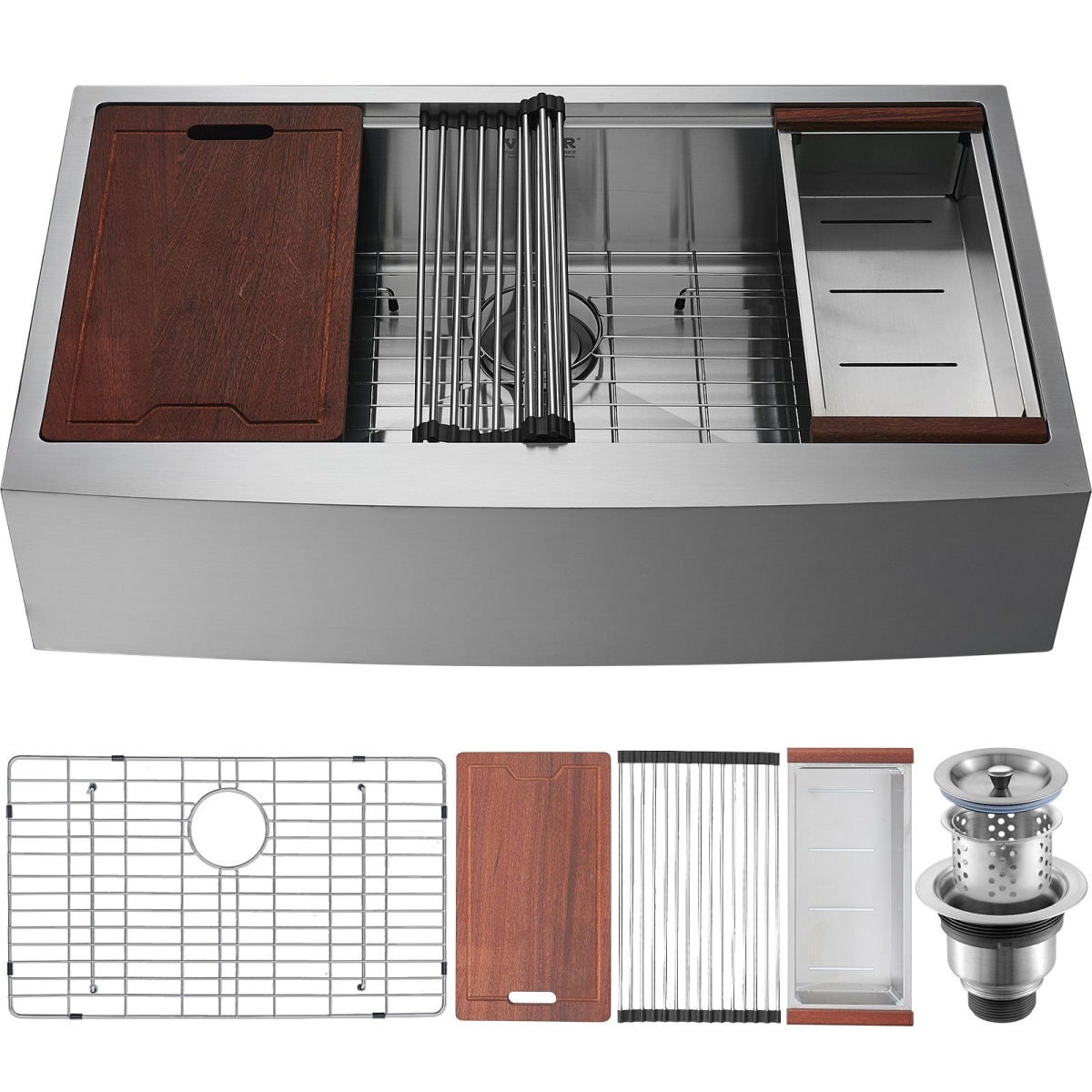 Picture of Vevor NSSC33YCYTJ02L4PRV0 33 in. Farmhouse Kitchen Sink 304 Stainless Steel Drop-in Sinks Top Mount Single Bowl Basin