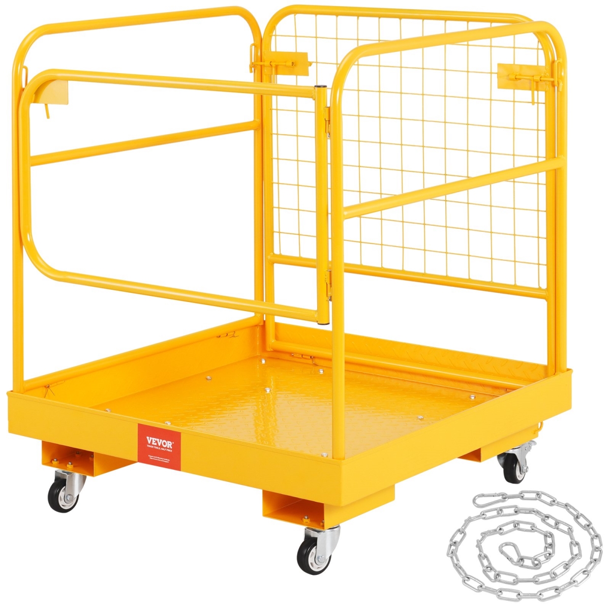 36 x 36 in. Forklift Safety Cage - Folding Forklift Work Platform with Lockable Swivel Wheels, Drain Hole & Device Chain - 1200 lbs