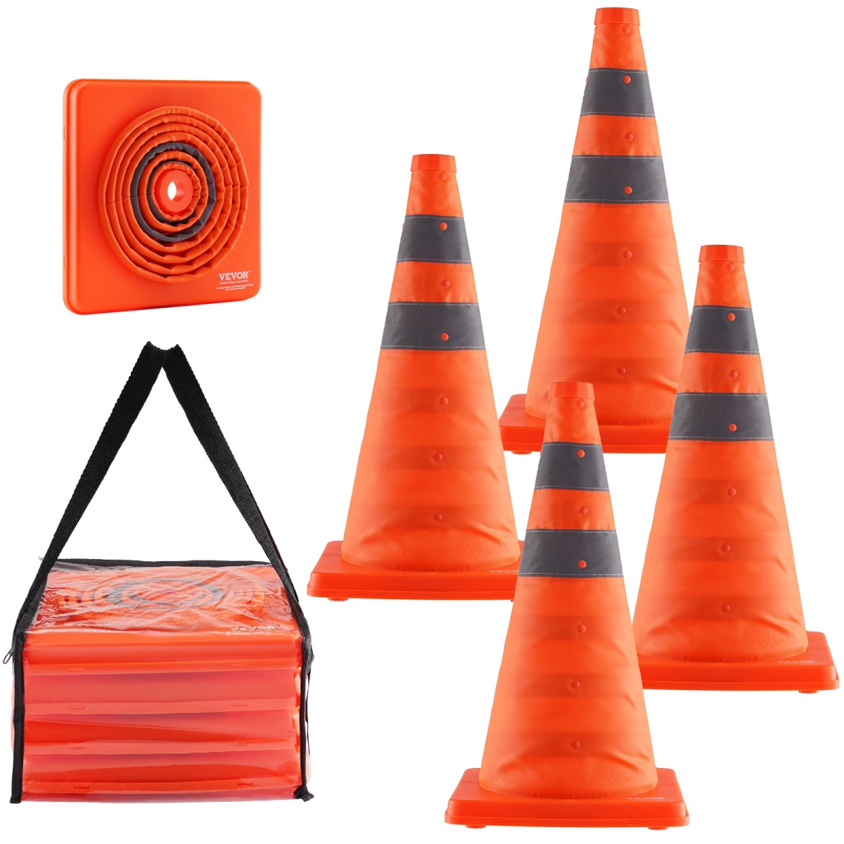 Picture of Vevor 18ZDAQZ18YCQM2TA7V0 18 in. Safety Cones&#44; Collapsible Traffic Cones&#44; Construction Cones with Reflective Collars&#44; Wide Base & a Storage Bag - Pack of 4