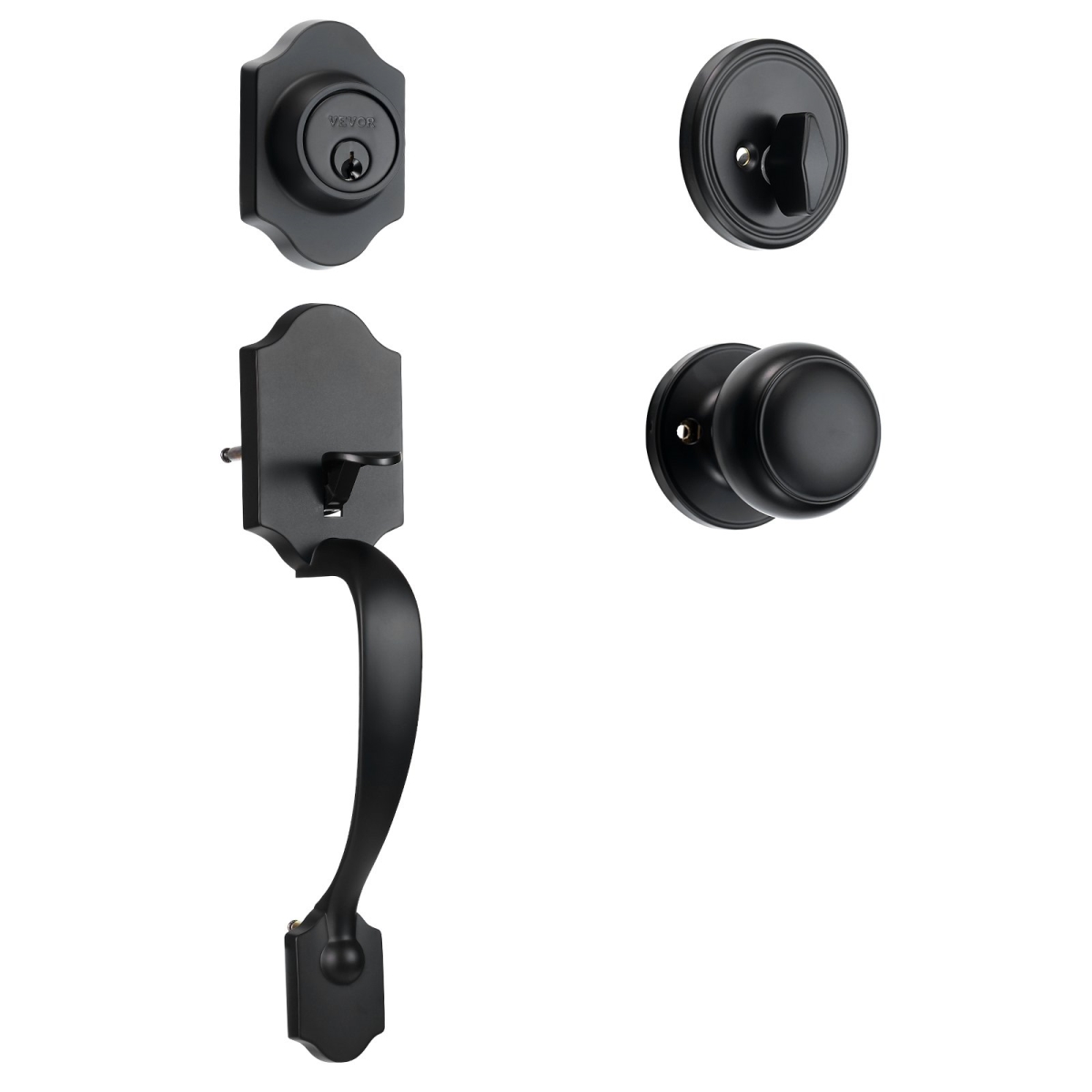 Front Door Handle & Deadbolt Set, Front Door Lock Set with Interior Knob, Adjustable Hole Spacing Single Cylinder Handleset, Matte Black