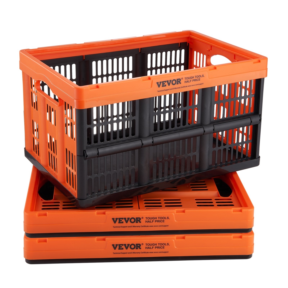 KZDSLCWKCSHS132ETV0 45 Liter Collapsible Storage Baskets Folding Plastic Stackable Container, Black & Orange - Pack of 3