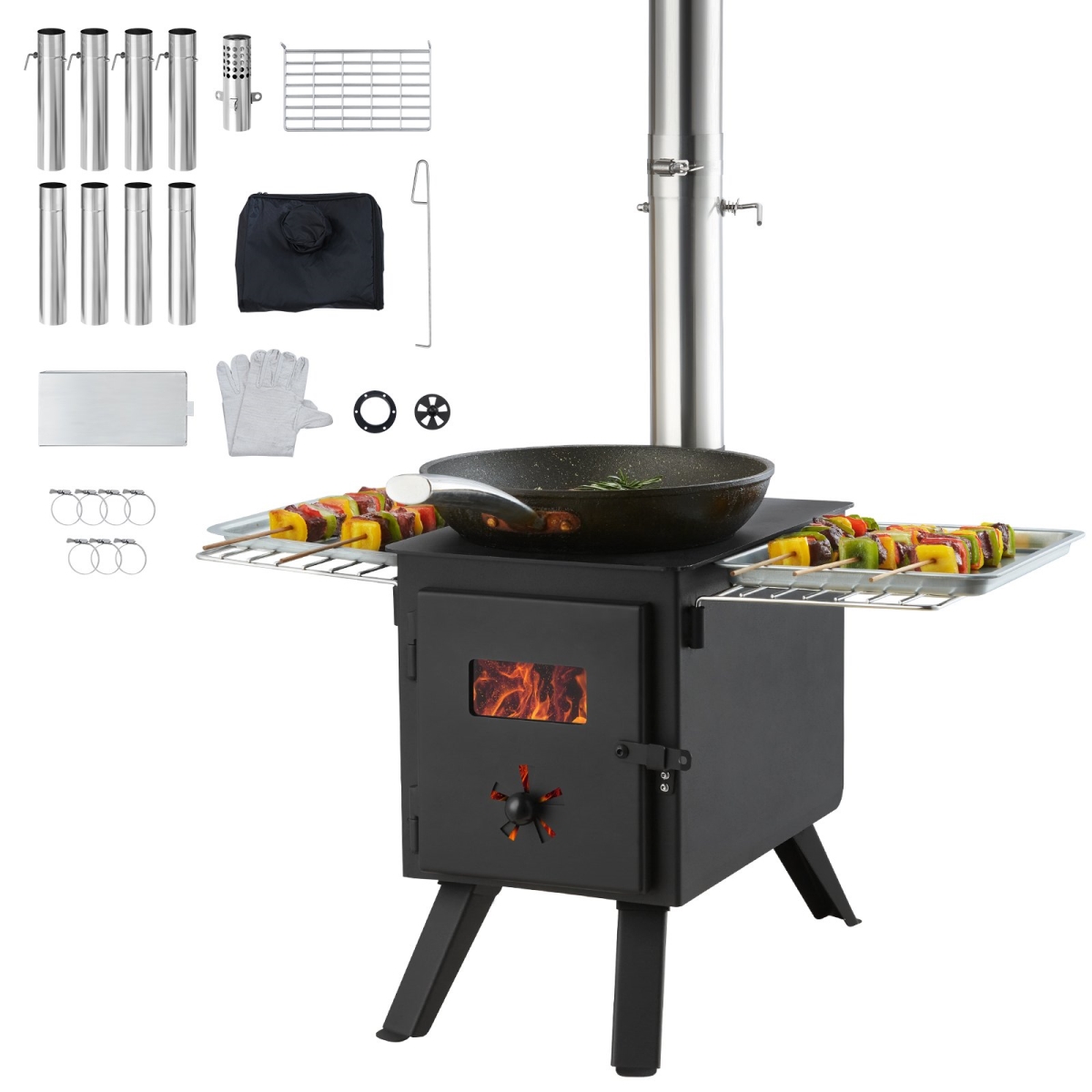 Picture of Vevor ZPQNLFX86INCH1GEGV0 86 in. Wood Stove Alloy Steel Camping Tent Stove - Portable Wood Burning Stove with Chimney Pipes & Gloves&#44; 1400 in. Firebox Hot Tent Stove