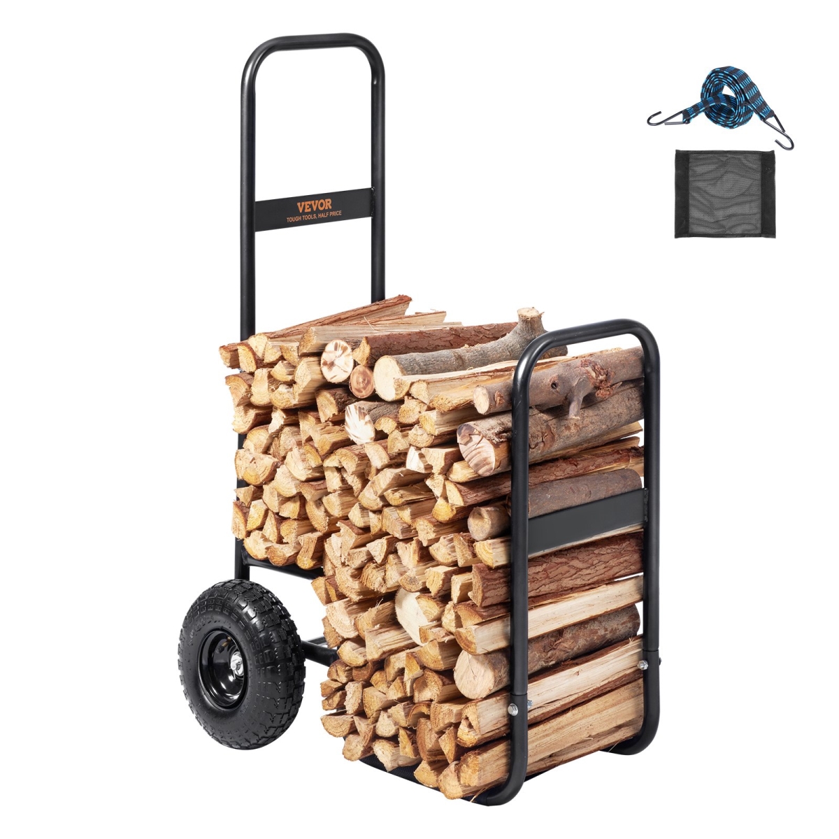 Picture of Vevor DCCH43XH27XWYTWGDV0 Firewood Log Cart Outdoor & Indoor Wood Rack Storage Mover with Pneumatic Rubber Wheels&#44; Heavy Duty Steel Dolly Hauler&#44; Firewood Carrier&#44; Black - 250 lbs