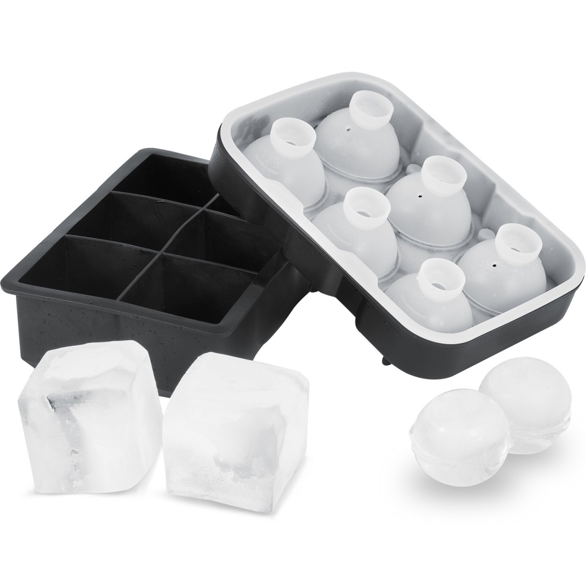 Picture of Vevor BQZZJHSTMBQ66DWGVV0 Ice Cube Trays - 2-in-1 Combo with Silicone Sphere Ice Ball Maker&#44; Large Square Ice Cube Maker with Lid&#44; Black - Set of 2