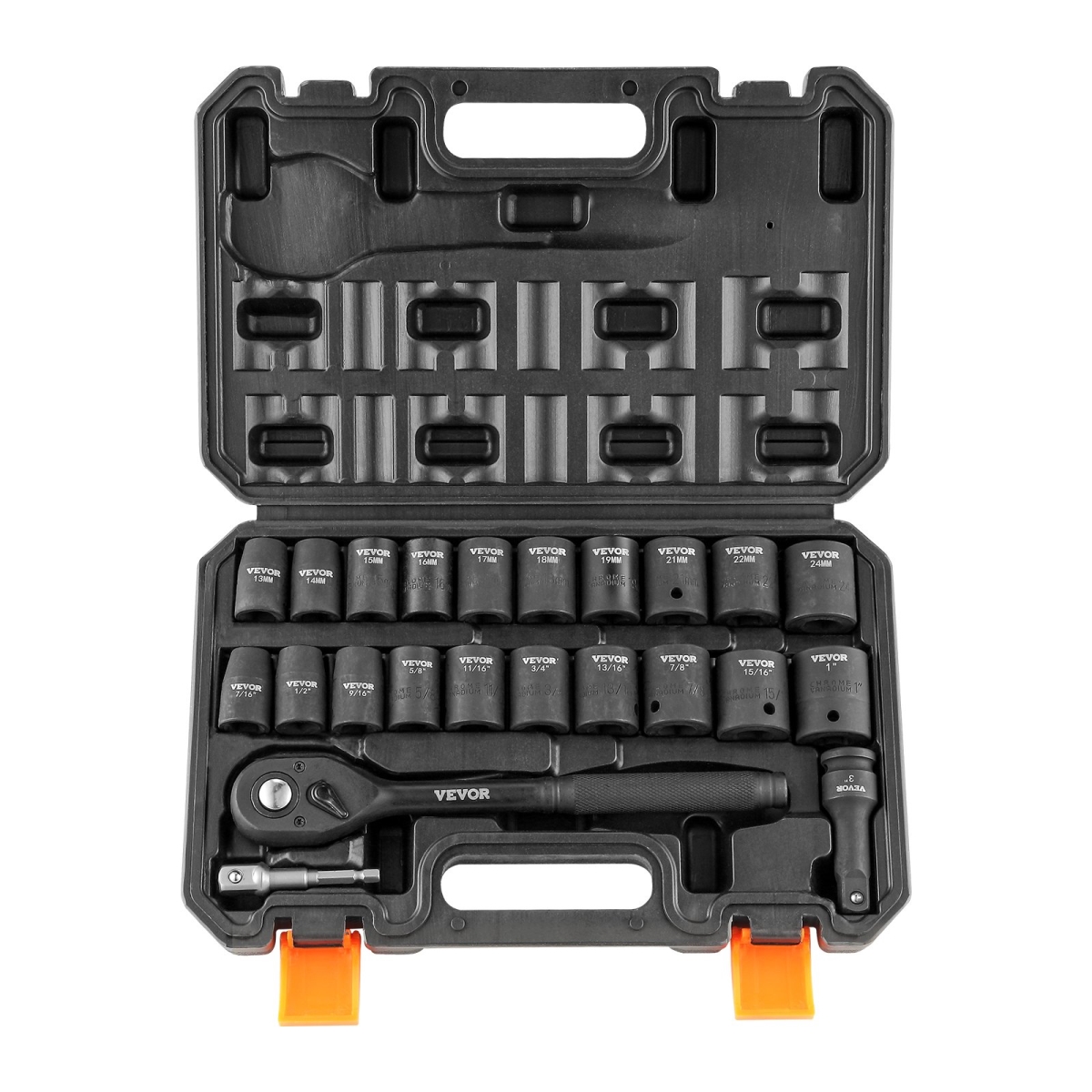 0.5 in. Drive Impact Socket Set, Socket Set SAE 0.43-1 in. & Metric 13-24 mm 6 Point CR-V Alloy Steel for Auto Repair - 23 Piece