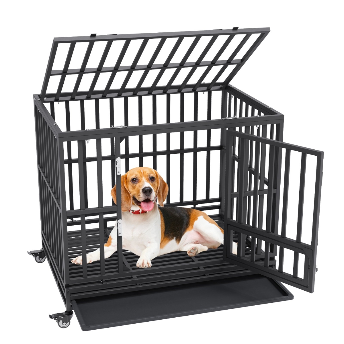 Picture of Vevor GLSYSDXPF421474QIV0 42 in. Heavy Duty Dog Crate Metal Dog Kennel with Wheels & Removable Tray&#44; Black