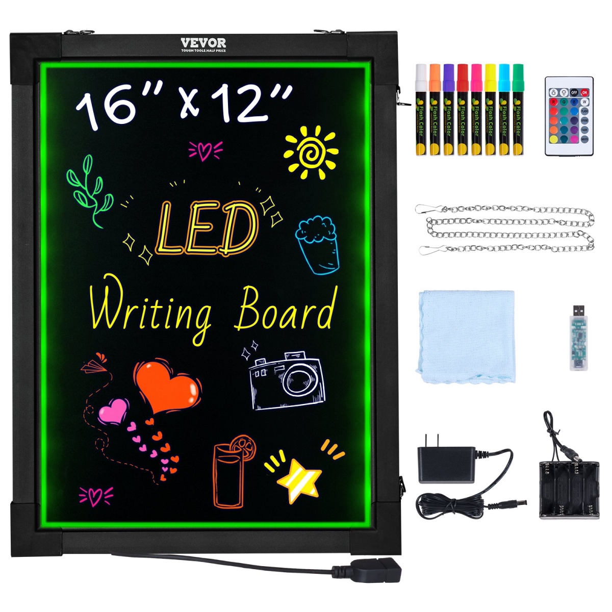 16 x 12 in. LED Message Writing Board - Illuminated Erasable Lighted Chalkboard, Neon Effect Menu Sign Board, Drawing Board