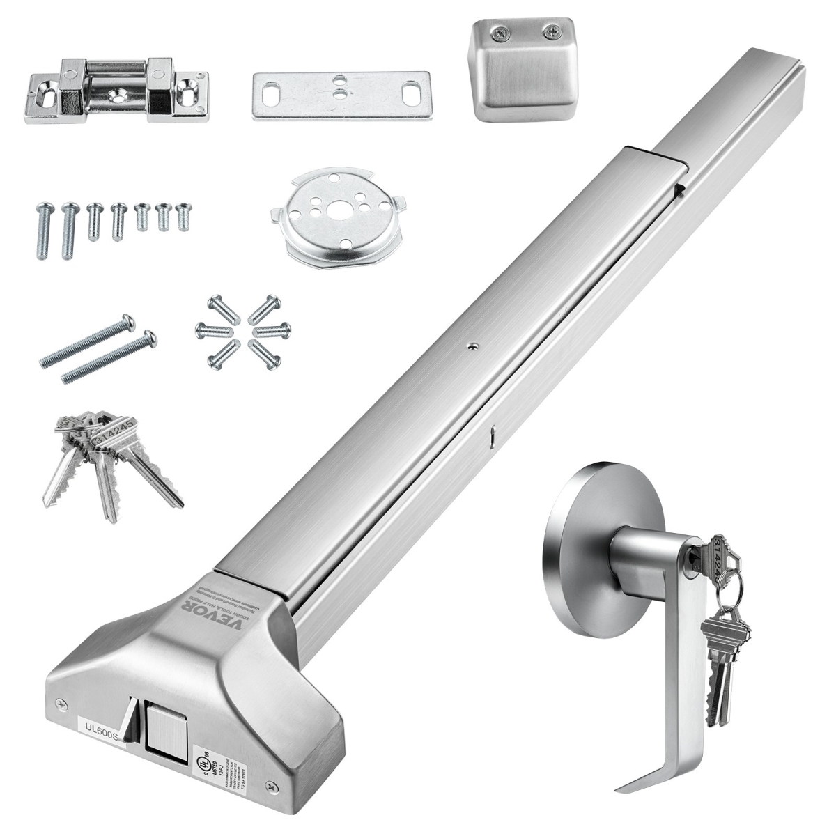 Push Bar Door Locks, Stainless Steel Panic Bars for Exit Doors with Exterior Lever & 3 Keys, Push Bar Panic Exit Device Door Hardware