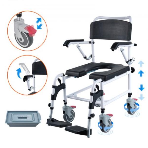 350lbs Bedside Commode Toilet Chair Lockable Wheels Footrest Flip-up Arm