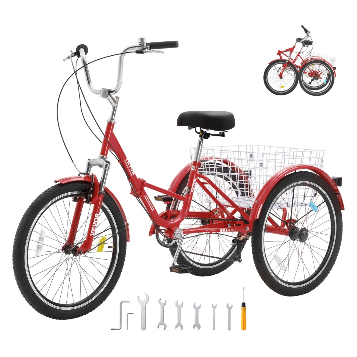 ZDKRLSLCHS26XLS5EV0 26 in. 7-Speed Adult Folding Trikes, Red -  Vevor