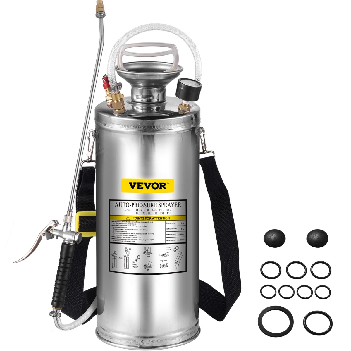 PWQBXG8L000000001V0 2 gal Stainless Steel Sprayer Set with 20 in. Wand& Handle& 3 ft. Reinforced Hose -  Vevor