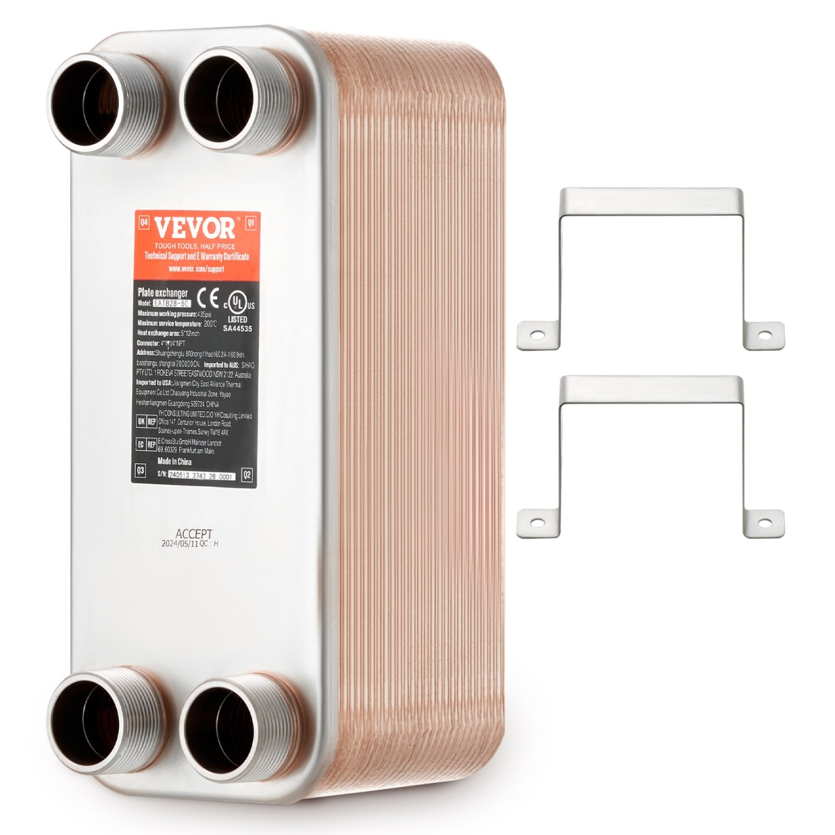 QHBSHRQ512506DE54V0 5 x 12 in. Brazed Plate Heat Exchanger, Stainless Steel & Copper -  Vevor