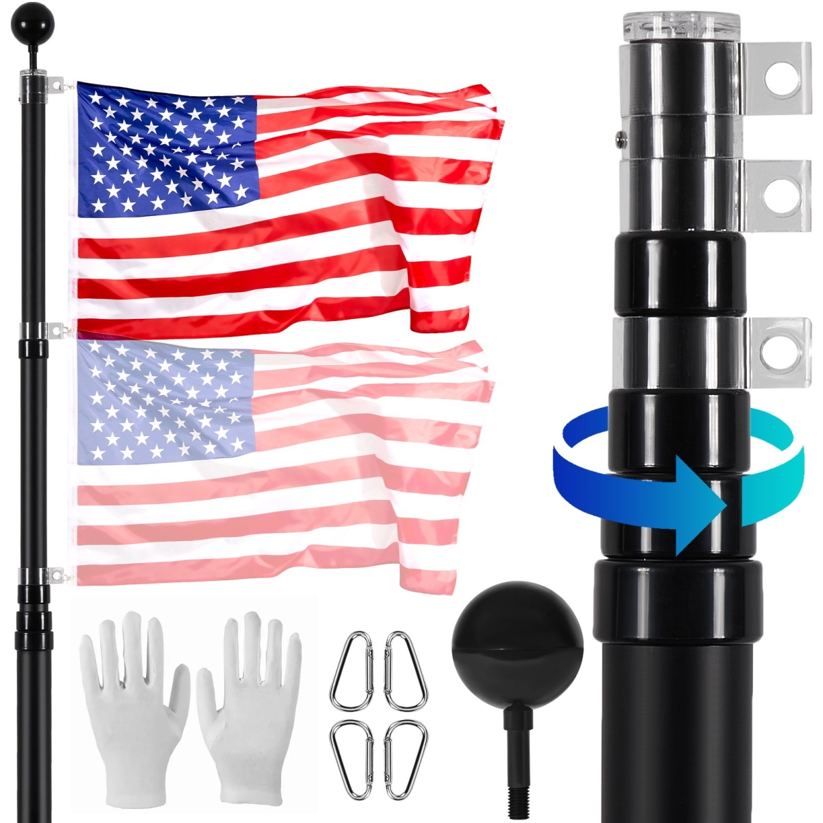 25FT Telescoping Flag pole Kit, Heavy Duty Aluminum Alloy in Ground Flag Poles for Outside, 3 Display Modes Flagpole with 3x5 American Flag,...