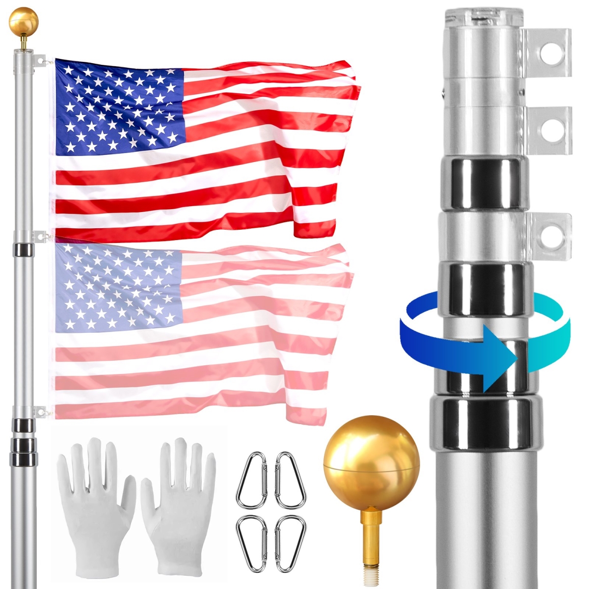 QGTJSSSYS25YOFEYQV0 25 ft. Telescoping Flag Pole Kit, Silver