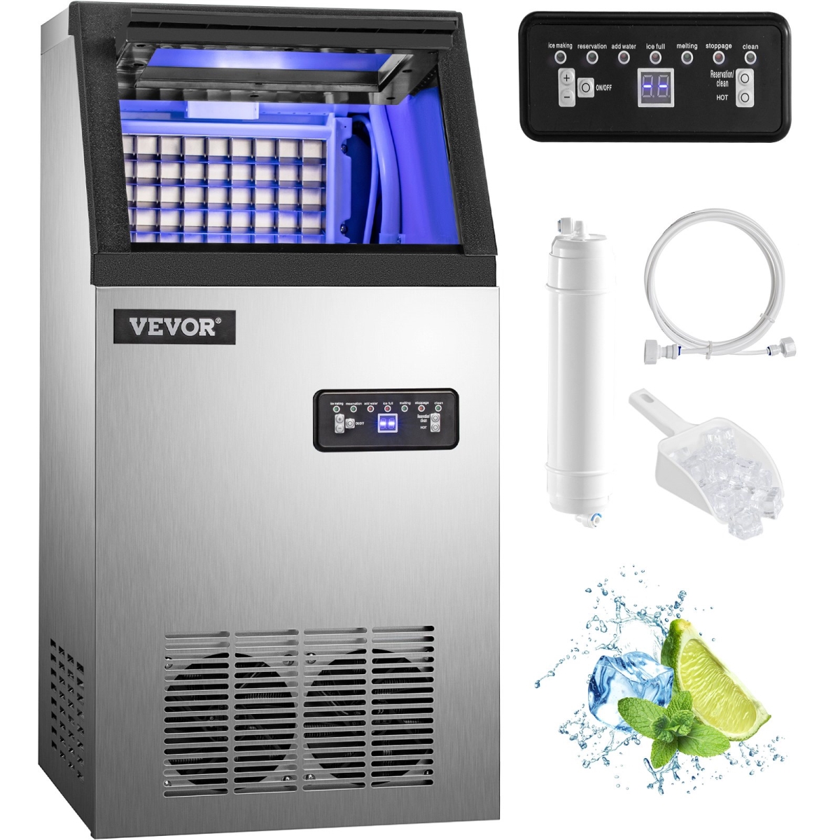 Picture of Vevor 68KGSYZBJ00000001V1 110V Commercial Ice Maker - 120 lbs with 22 lbs Storage Ice Maker Machine Stainless Steel Portable Automatic Ice Machine with Scoop & Connection Hoses Perfect