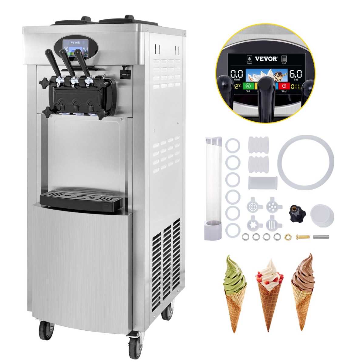 Picture of Vevor BJLJLSRZYKF-8228HV1 2200W Commercial Soft Ice Cream Machine&#44; 3 Flavors 5.3 to 7.4 gal Per Hour PreCooling at Night Auto Clean LCD Panel for Restaurants Snack Bar - Sliver