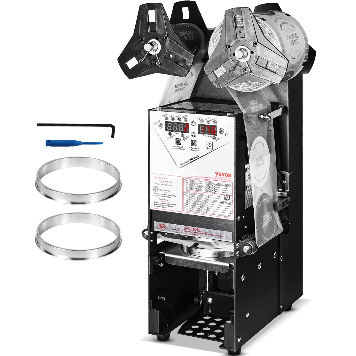 Picture of Vevor QZDNCFKJCHQZJSKUDV1 Fully Automatic Cup Sealing Machine for 180 mm Tall & 90-95 mm Cup, Black