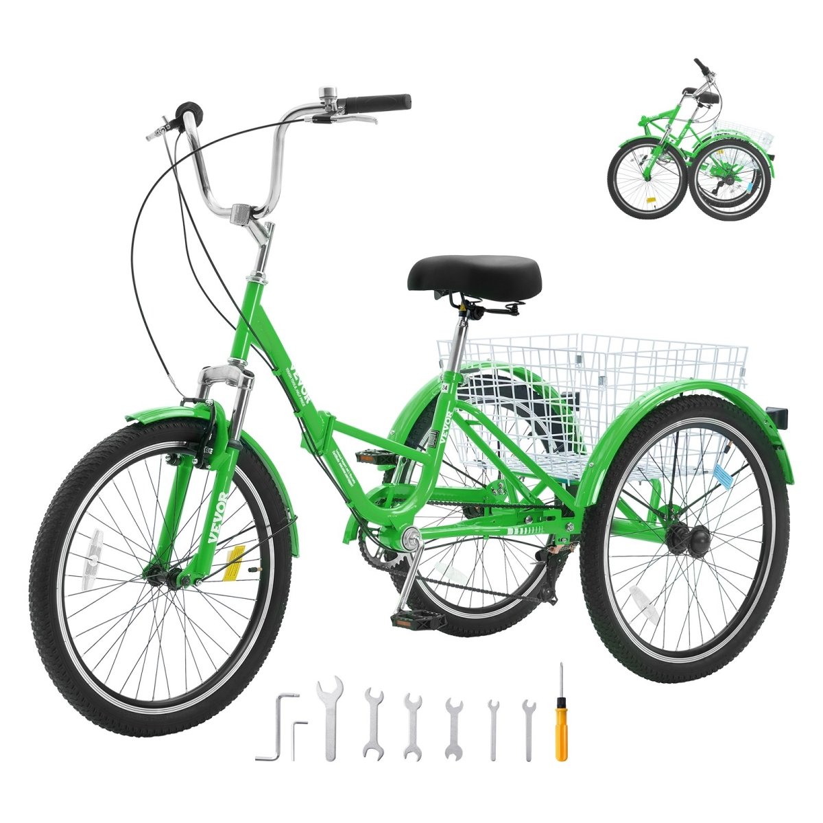 ZDKRLSLCLS26T5O4OV0 26 in. Folding Adult Tricycle Bike, Green -  Vevor