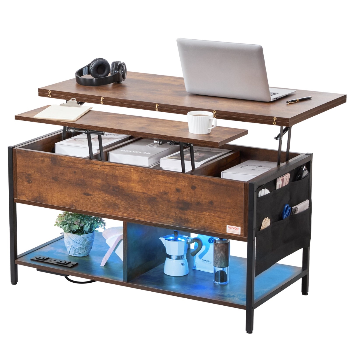 KFZZFX394INCFLQVVV1 39.4 in. Rectangle Lift Top Coffee Table with Light & USB, Brown