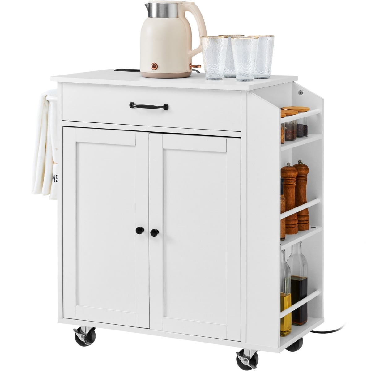 QFBYDKCFDBS124GETV1 Rolling Kitchen Island Cart with Charging Station, White