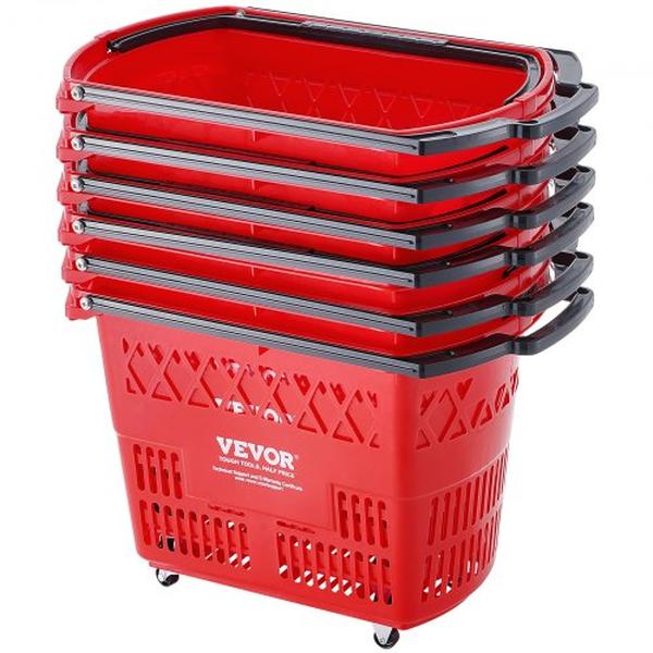 Picture of Vevor GXLGSGWLGXLG01IDOV0 39 Liter Plastic Rolling Shopping Trolley Basket on Wheels with Handle, Red - 6 Piece