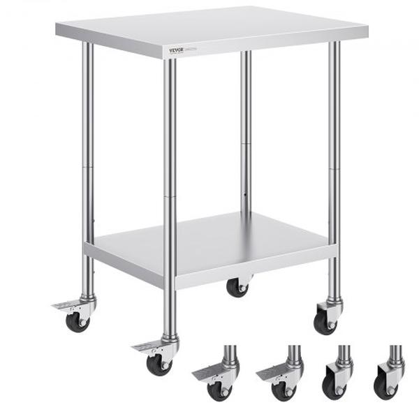 CFBXGGZTLCDJJ9OZ0V0 24 x 30 x 38 in. Stainless Steel Work Table with 4 Wheels, 3 Adjustable Height Levels, Silver
