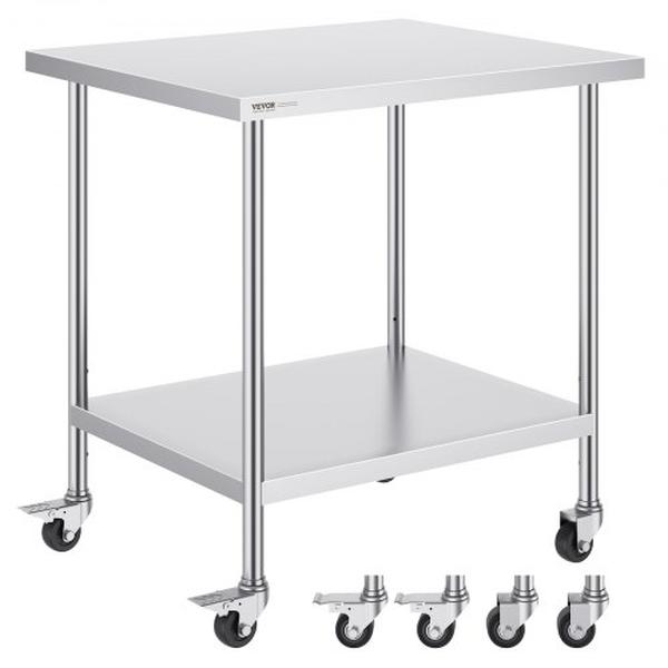 CFBXGGZTLCDJB9CR8V0 30 x 18 x 38 in. Stainless Steel Work Table with 4 Wheels, 3 Adjustable Height Levels, Silver