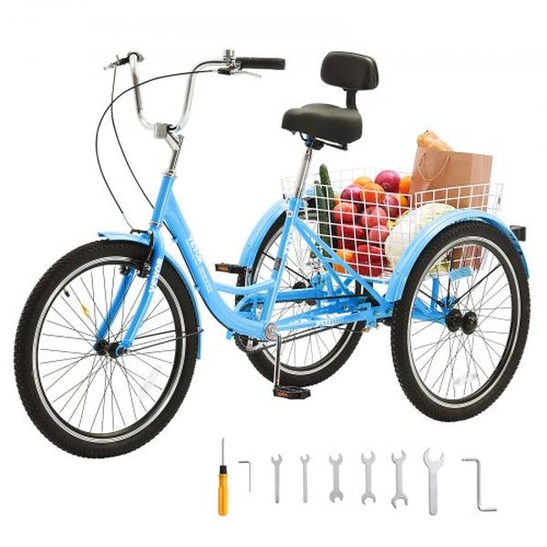 FZDKRLSLCTG2OI2Y7V0 26 in. Carbon Steel Adult Tricycles Bike with Basket & Adjustable Seat, Blue -  Vevor