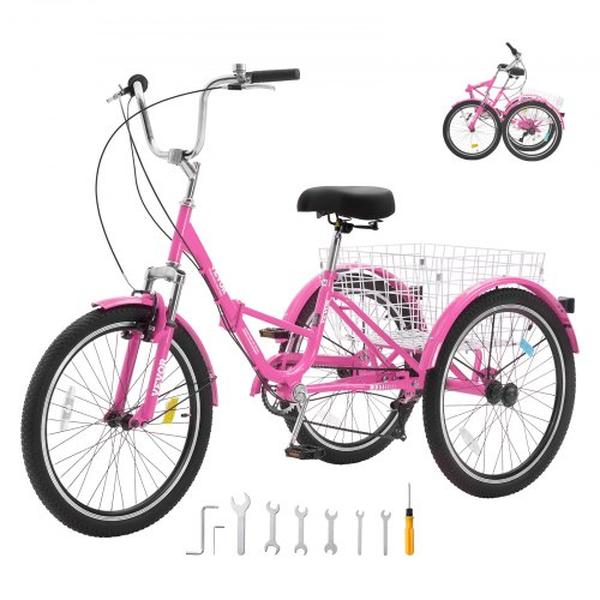 26 in. 7-Speed Adult Folding Trikes, Carbon Steel 3 Wheel Cruiser Folding Adult Tricycle with Basket & Adjustable Seat, Pink -  Vevor, ZDKRLSLCFS26H9AEZV0