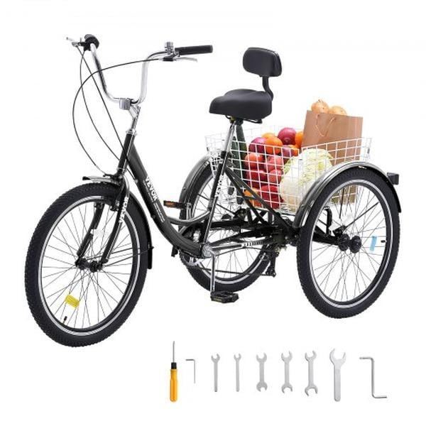 FZDKRLSLCTG2JDWA0V0 20 in. 7 Speed Three-Wheeled Bicycles, Carbon Steel Cruiser Adult Tricycles Bike with Basket & Adjustable Seat, Black -  Vevor