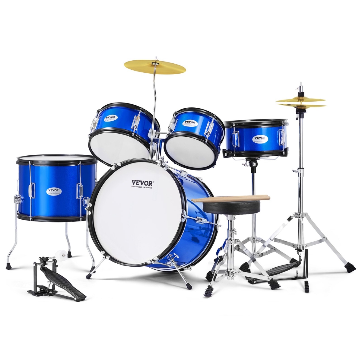 WJTJZG5JT16LU8B1VV0 16 in. Beginner Full Kids Drum Set, Blue - 5 Piece -  Vevor
