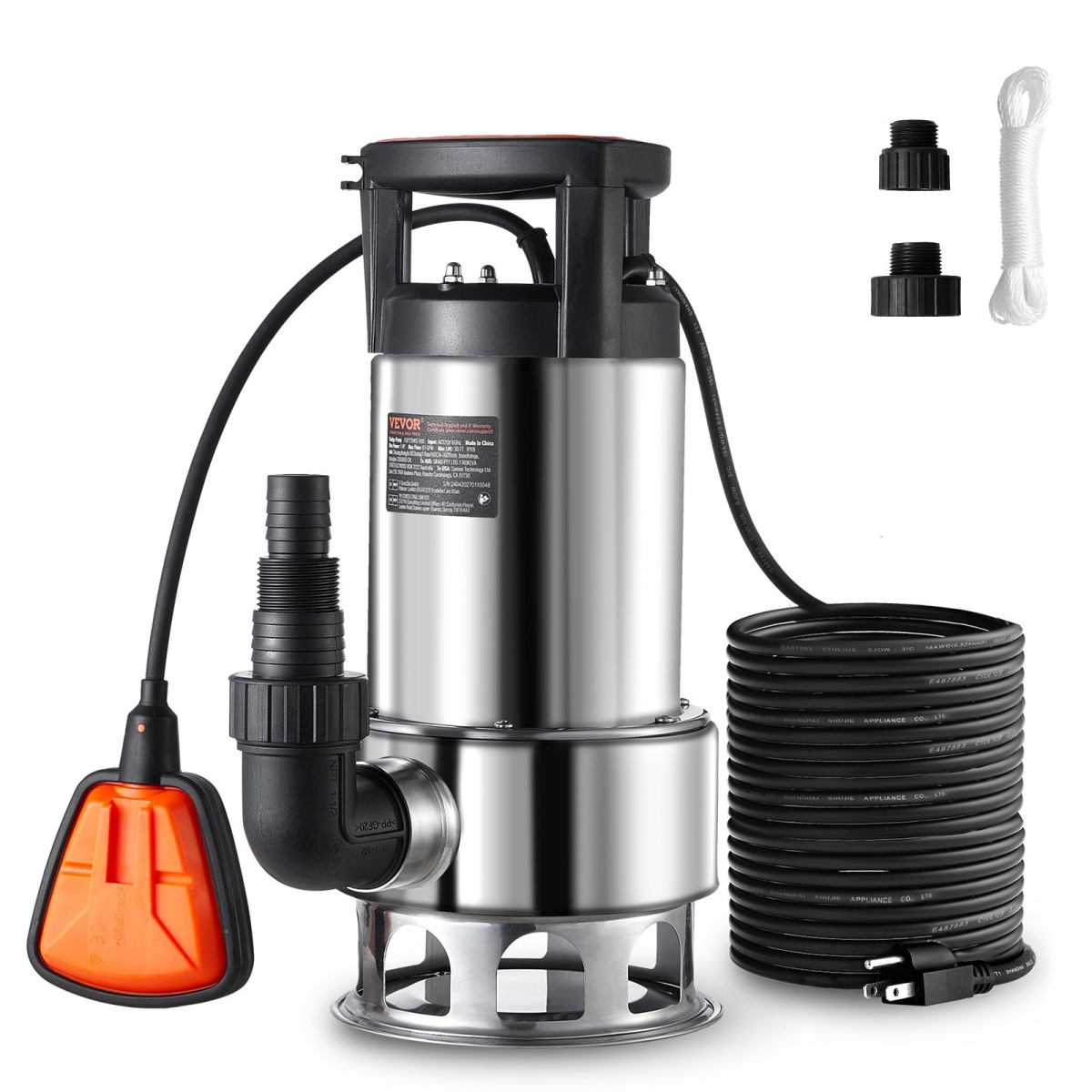 QSWNBBXG10HP79VL2V1 1HP 4020GPH 30 ft. Lift Stainless Steel Submersible Sludge Pump with 26 ft. Power Cord Automatic ON-OFF Float Switch