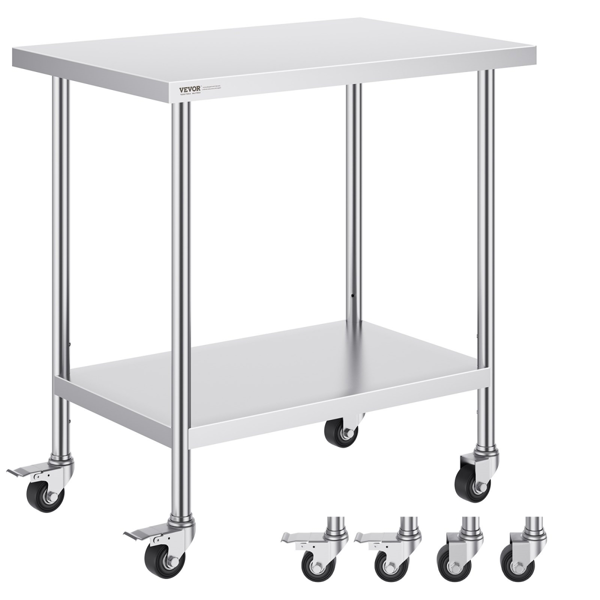 CFBXGGZTLCDJ3O0M6V0 24 x 36 x 38 in. Stainless Steel Work Table with 4 Wheels & 3 Adjustable Height Levels, Silver