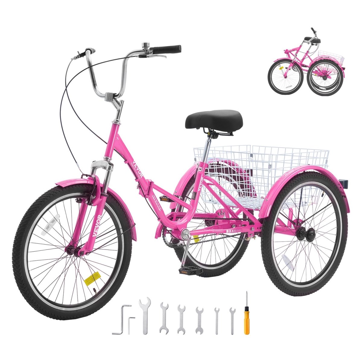 ZDKRLSLCFS26FBC26V0 26 in. Carbon Steel 3 Wheel Cruiser Folding Adult Tricycle with Large Basket & Adjustable Seat, Pink -  Vevor