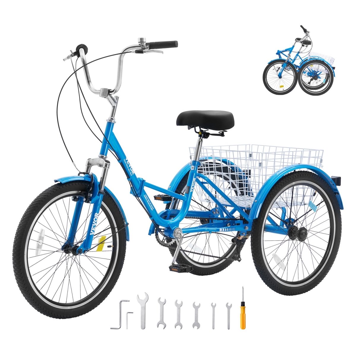 ZDKRLSLCLS24J9PIBV0 24 in. 7-Speed Carbon Steel 3 Wheel Cruiser Folding Adult Tricycle with Basket & Adjustable Seat, Blue -  Vevor