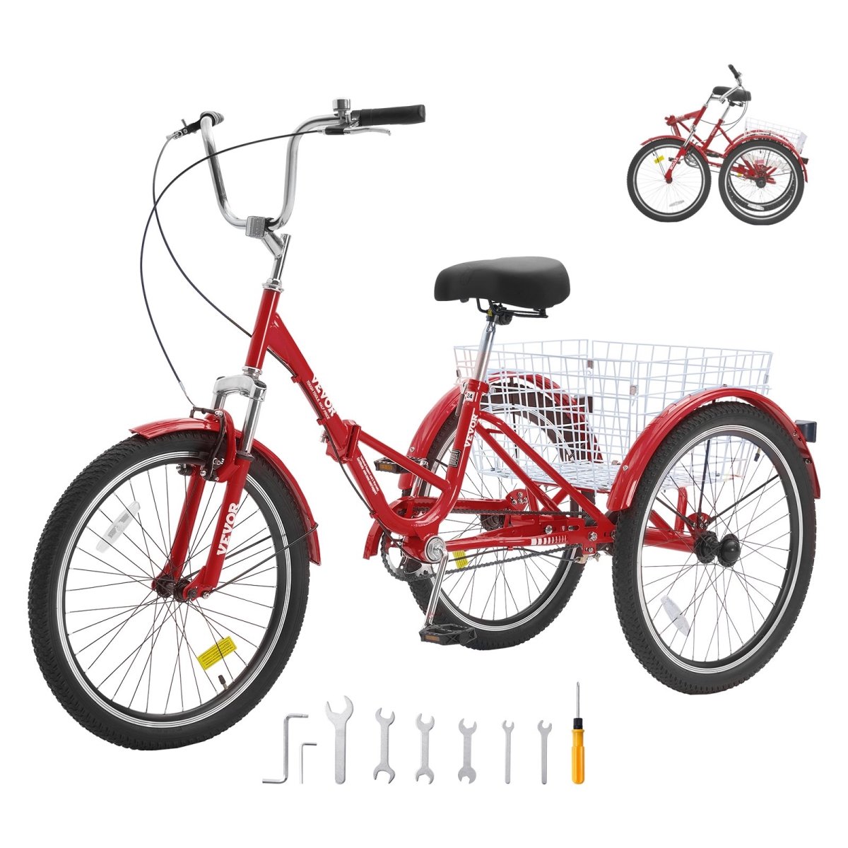 ZDKRLSLCHS24N4W3TV0 24 in. Folding Adult Tricycle, Red -  Vevor