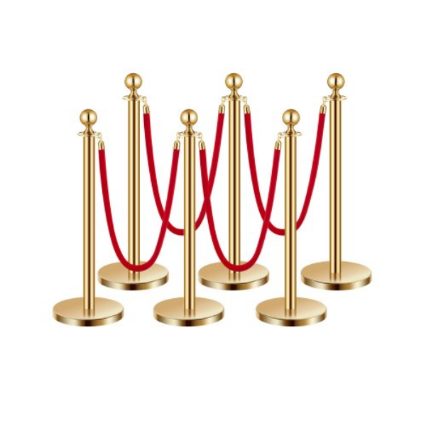 QTGLZDSDJSHRY7U7XV0 Stainless Steel Post Stanchions & 4 Velvet Ropes Hollow Base, Red - 6 Piece