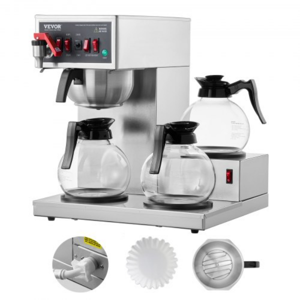 Picture of Vevor BLHSYMSKFJ3GO2QWUV1 3 Glass Carafes & 3 Warmers Office 12 Cups Commercial Drip Coffee Maker