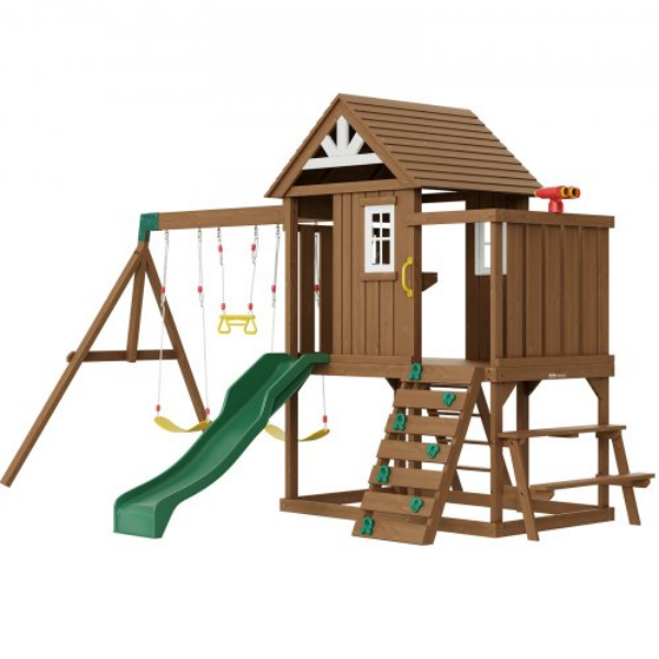 ETQQHTTZMC9I51OUBV0 6 ft. Slide Upper Fort 9 in 1 Outdoor Playground Wooden Swing Set